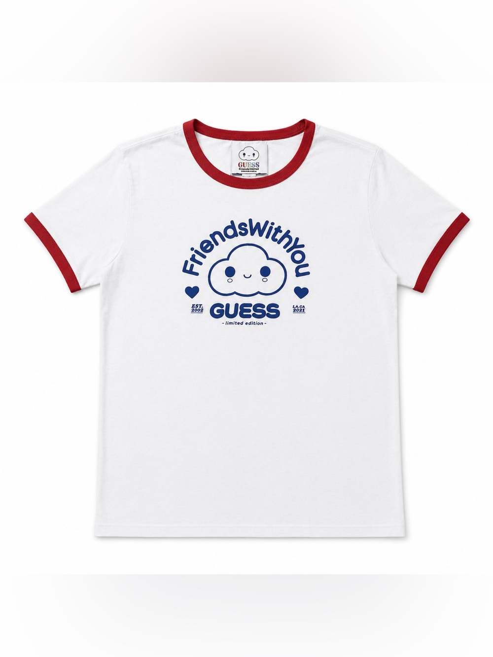 GUESS White Tee with Navy Cloud Graphic and Red Trim